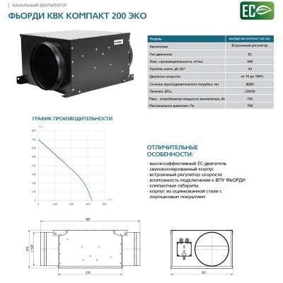Канальный вентилятор Фьорди КВК Компакт 200 ЭКО